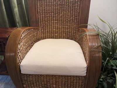 Woven Wicker Armchair with Beige Cushion