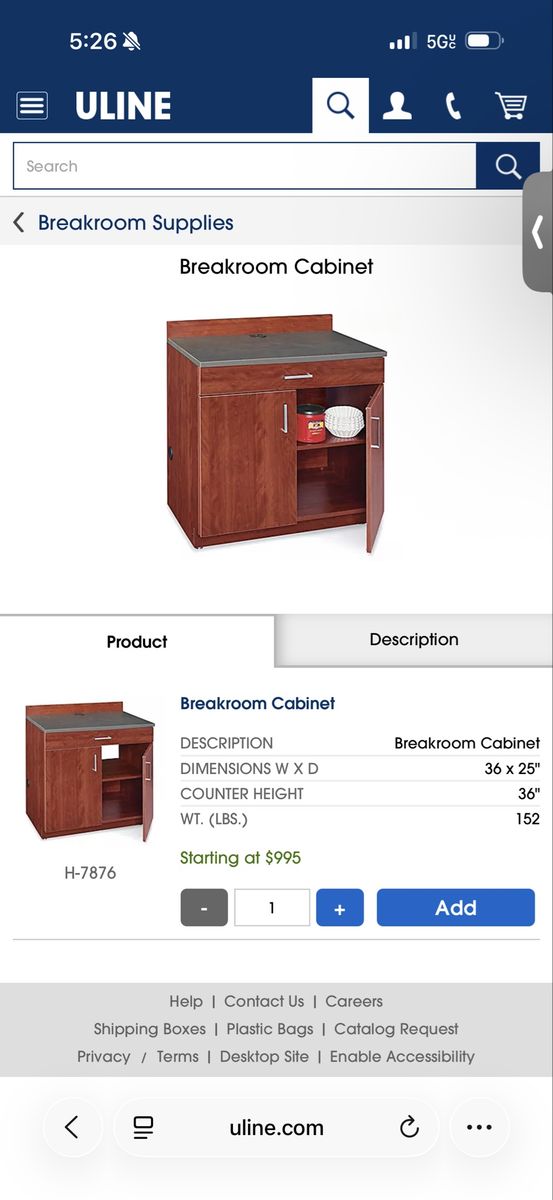 Uline H-7876 Breakroom Cabinet 36x25 inch, Dark Wood Finish, Compact Kitchenette