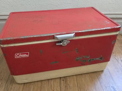 Vintage Coleman Metal Ice Chest Cooler - Red & Tan - Classic Camping/Picnic