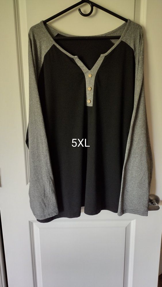 Men's 5XL Long Sleeve Henley Shirt - Black & Gray Raglan