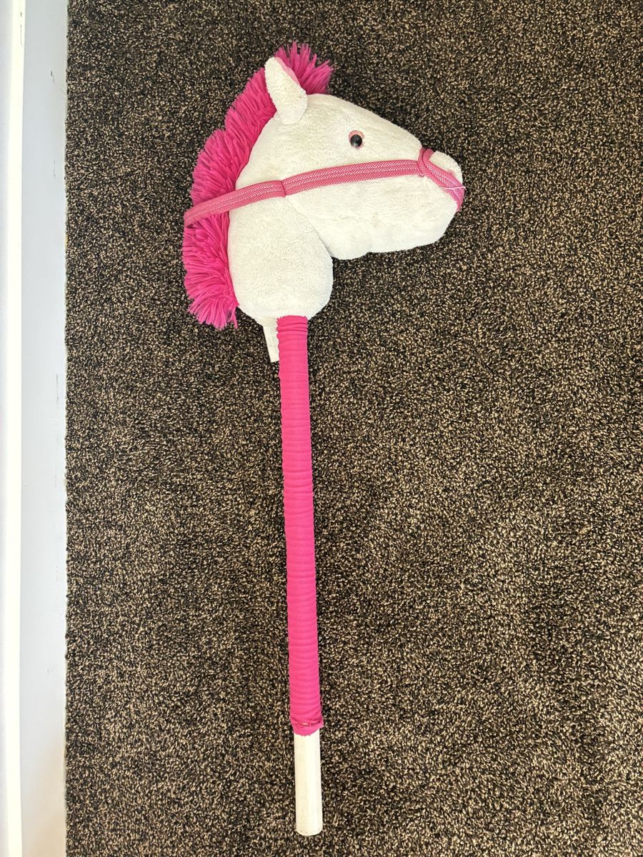 Pink & White Hobby Horse Toy - Plush Head, Pink Mane & Bridle, Wooden Stick