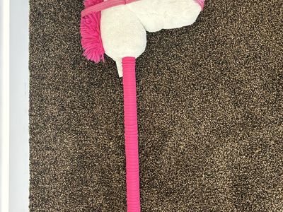 Pink & White Hobby Horse Toy - Plush Head, Pink Mane & Bridle, Wooden Stick