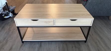Modern Wood Look Coffee Table with 2 Drawers and Storage Shelf - Black Metal Frame