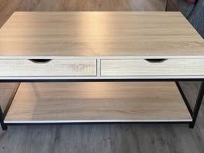 Modern Wood Look Coffee Table with 2 Drawers and Storage Shelf - Black Metal Frame