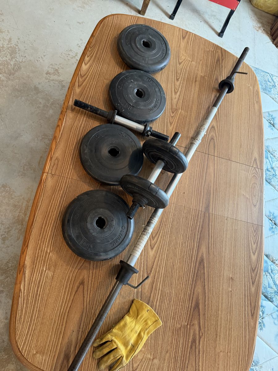 Vintage Olympic 1” Weight Set  Barbell, Adjustable Dumbbell & Plates $150 cash/venmo in Provo