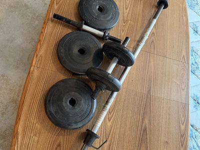 Vintage Olympic 1” Weight Set Barbell, Adjustable Dumbbell & Plates $150 cash/venmo in Provo