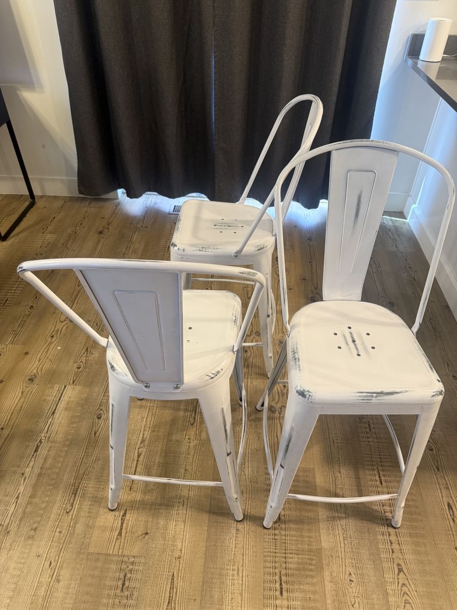 Set of 3 Distressed White Metal Counter Height Bar Stools