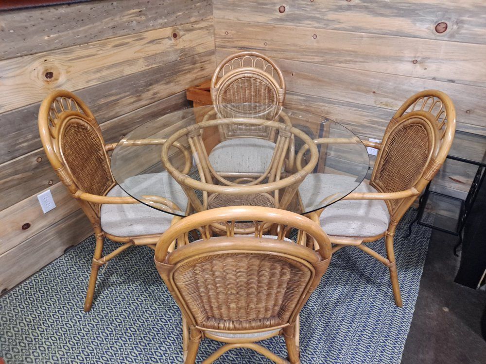 Rattan & Wicker Dining Set: Round Glass Top Table + 4 Chairs w/ Cushions