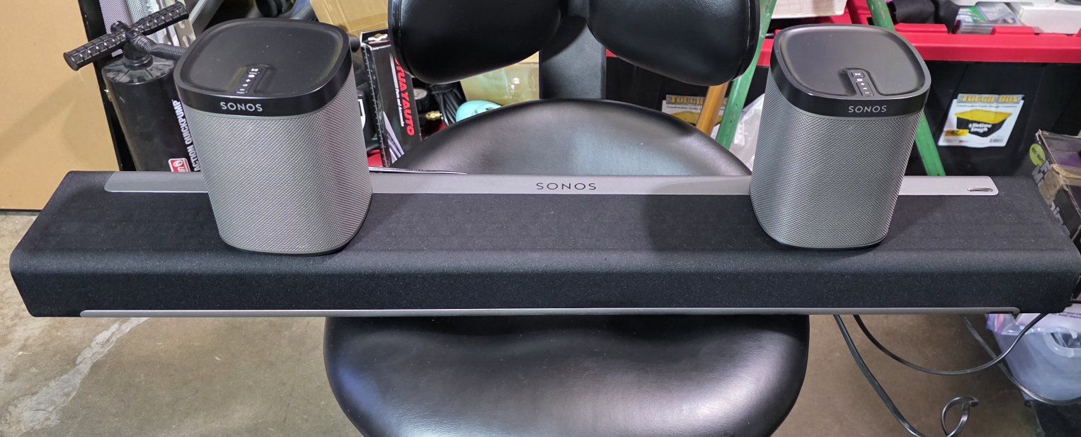 Sonos Playbar home theater soundbar paired with two Sonos Play:1 wireless smart speakers, Price Firm.