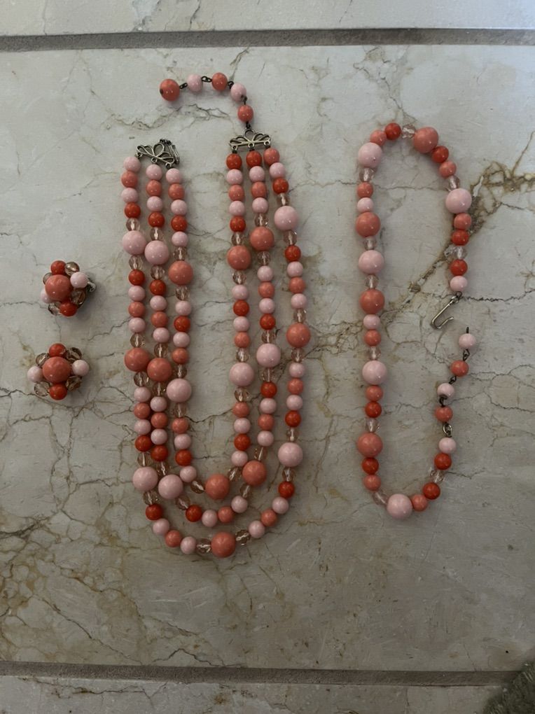Coral and Pinks 1950's 'Richelieu' Necklace, Choker, and Earring Set -Vintage