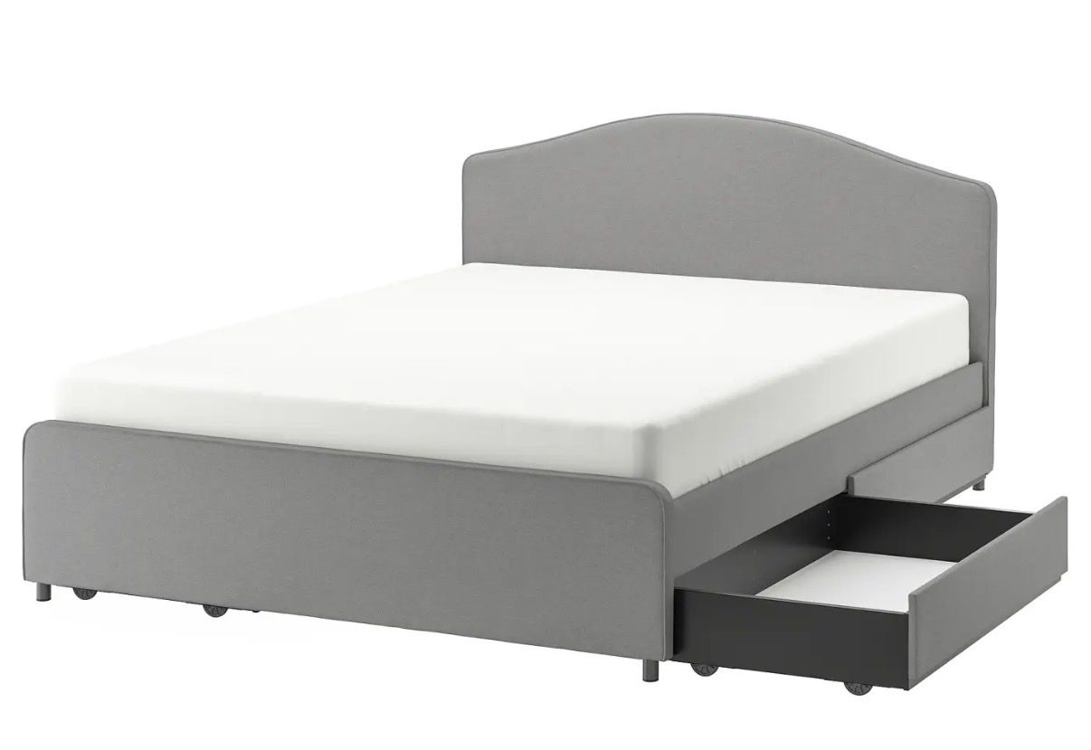 IKEA HAUGA Upholstered bed frame with 4 storage boxes / drawers