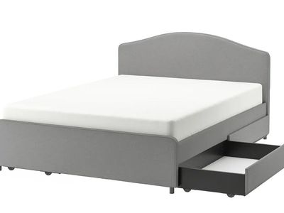 IKEA HAUGA Upholstered bed frame with 4 storage boxes / drawers