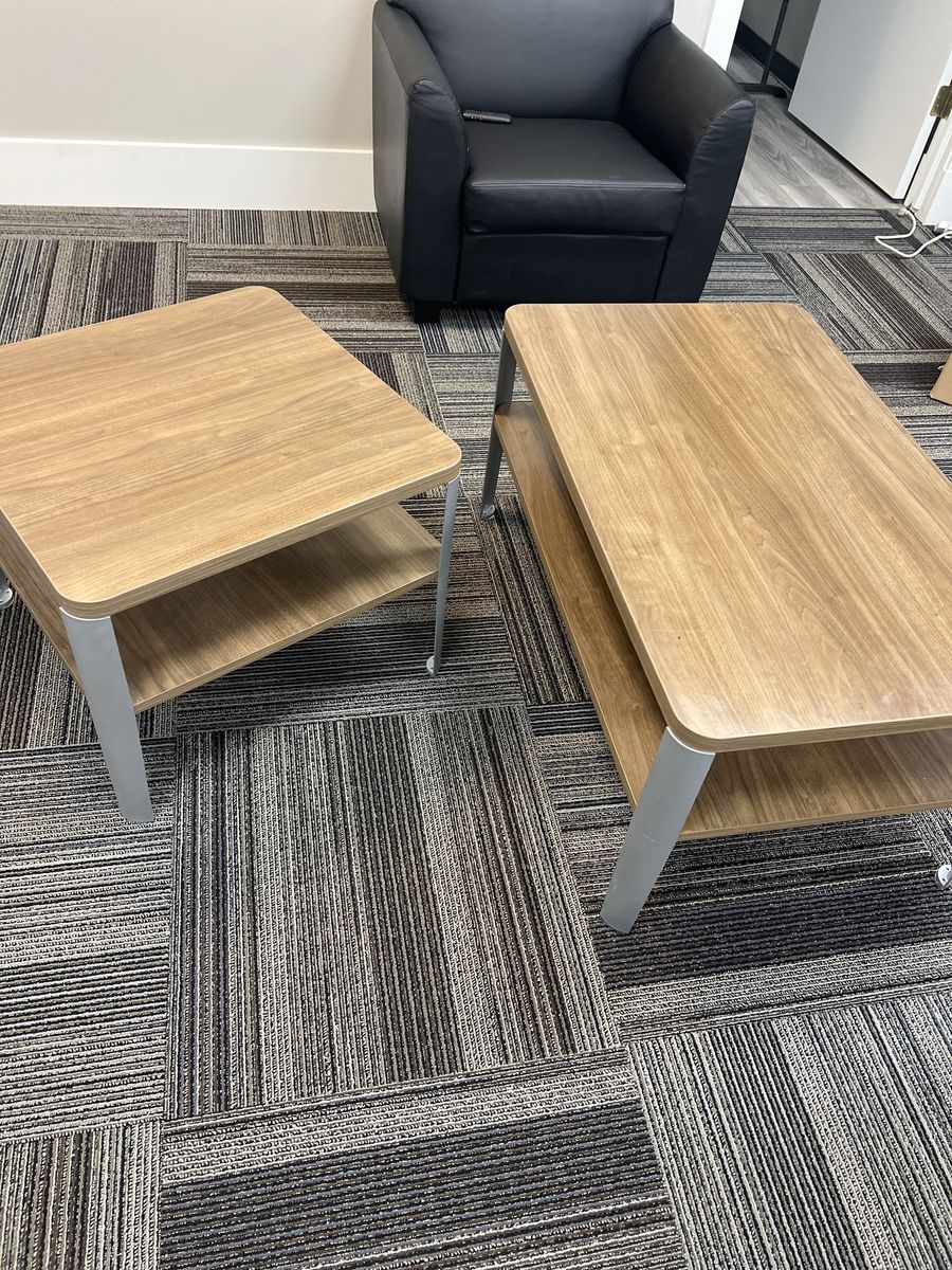 Set of 2 Modern Wood Grain End Tables/Coffee Tables with Metal Legs and Storage Shelf