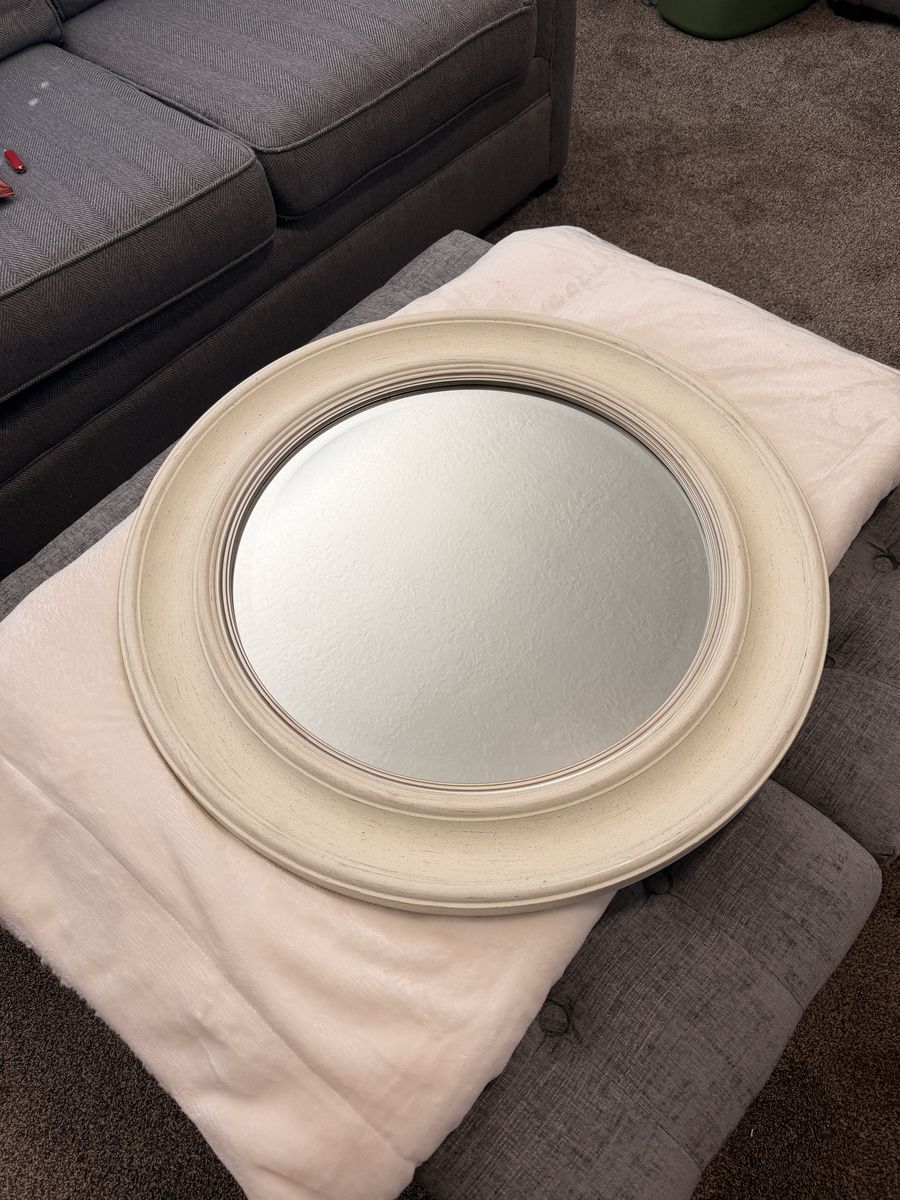 Round Decorative Wall Mirror with Distressed White Frame