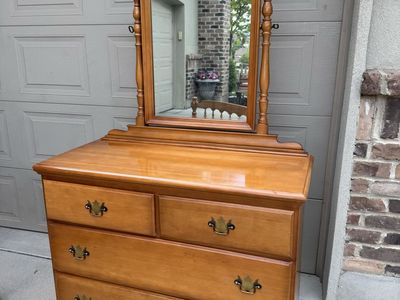 Vintage Wooden Dresser / Entry Table/ Hitch with Swiveling Mirror and Brass Hardware