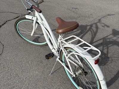 Schwinn Clairmont 7-Speed Cruiser Bike - White/Teal, Shimano Derailleur, Rear Rack