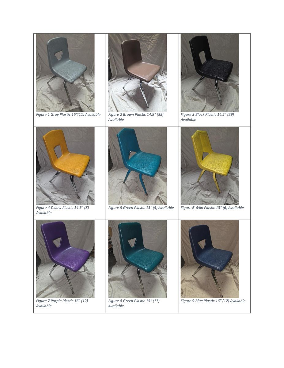 Kids and Adult Chairs Stacking Multiple Colors and Sizes Available $8-$9 Each