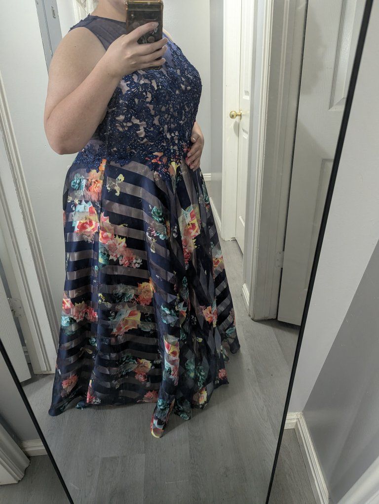 Dark blue and Cream floral prom/ formal dress
