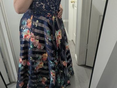 Dark blue and Cream floral prom/ formal dress