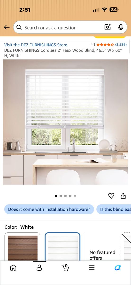 Cordless 2" Faux Wood Blind, 46.5" W x 60" H - White