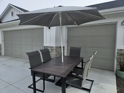 Metal Patio Table Set, 6 Matching Chairs, Umbrella