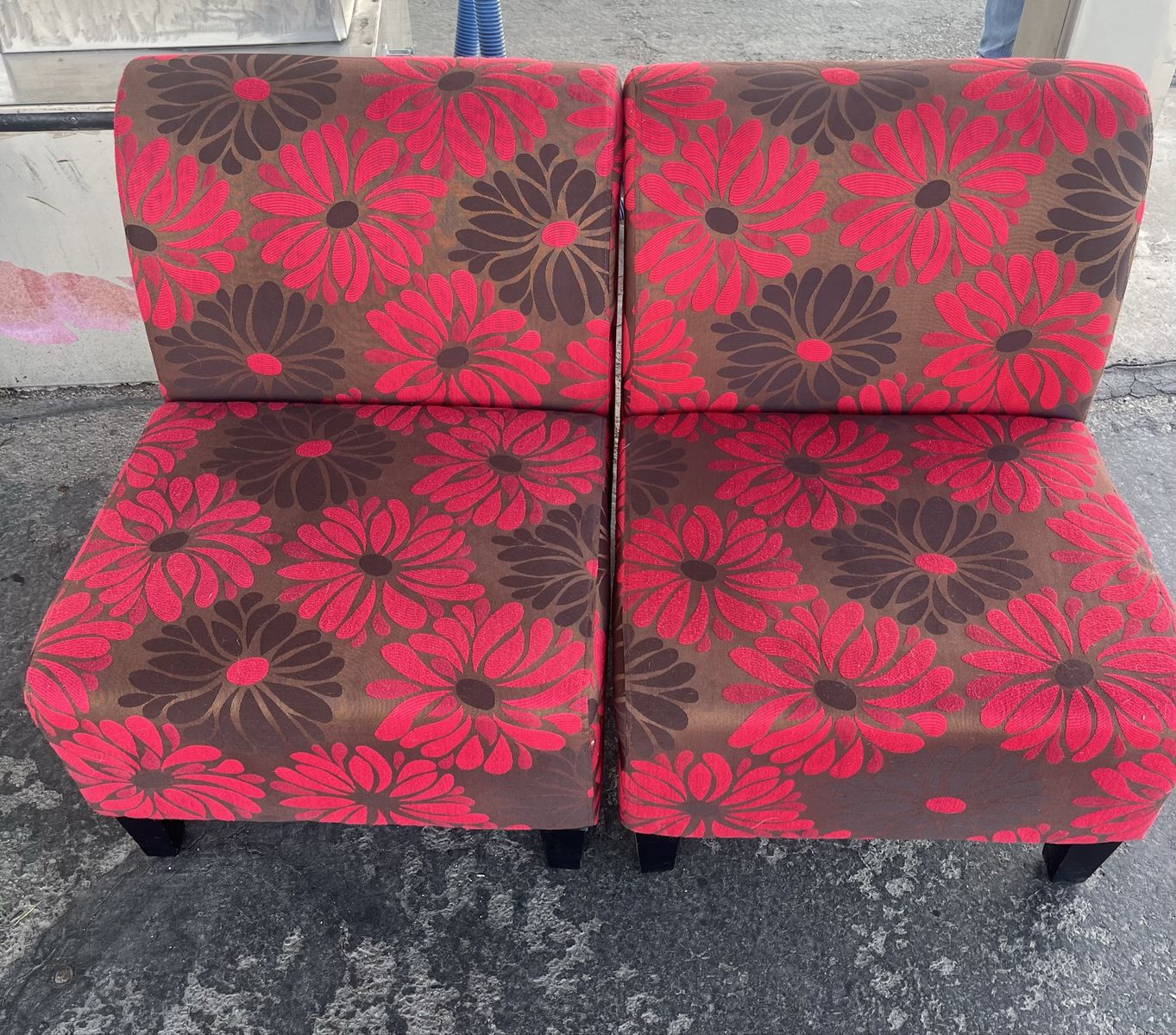 Pair of Red & Brown Floral Armless Accent Chairs - Modern Slipper Chairs