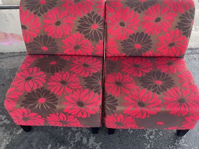 Pair of Red & Brown Floral Armless Accent Chairs - Modern Slipper Chairs
