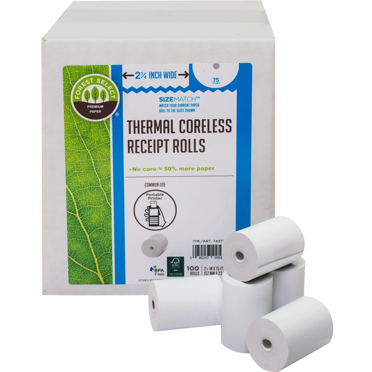 Thermal Coreless Receipt Paper Rolls, White, 2-1/4" x 75', 100 Rolls by Forest Select 7427706 #77834