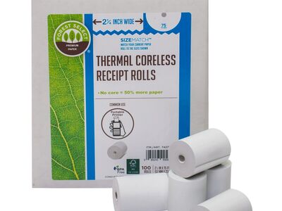 Thermal Coreless Receipt Paper Rolls, White, 2-1/4" x 75', 100 Rolls by Forest Select 7427706 #77834