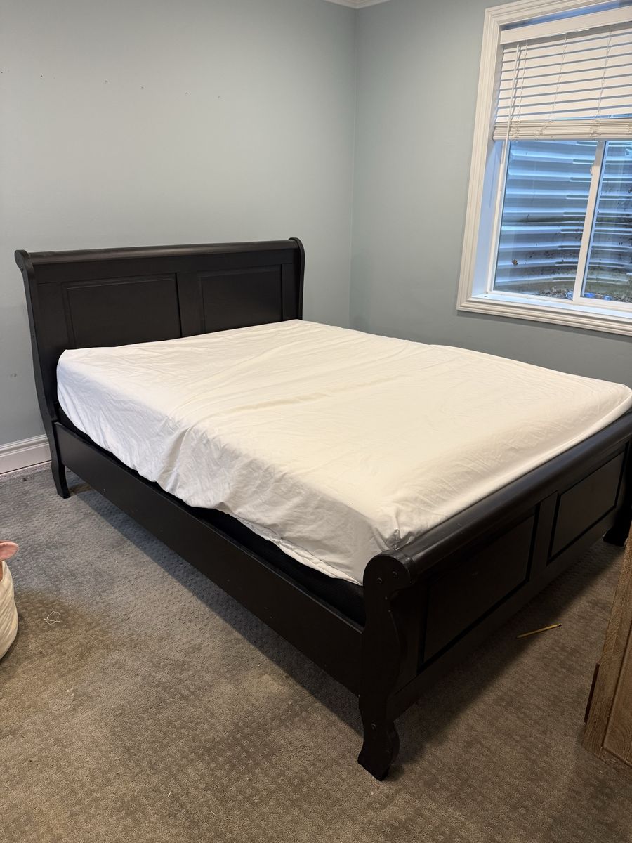 Black Queen Size Sleigh Bed Frame - Elegant Wooden Design