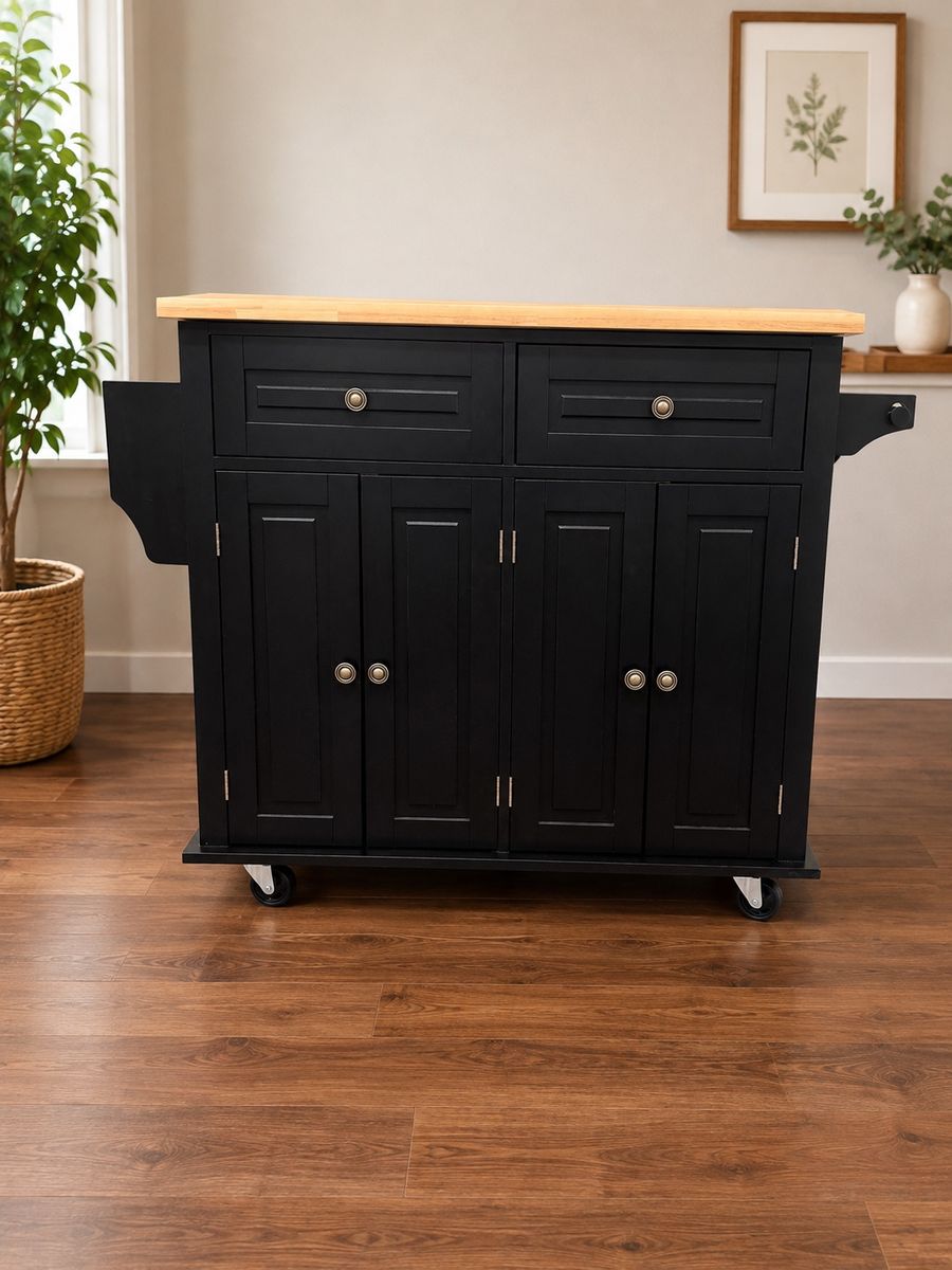 Black Kitchen Island Storage Cabinet with Butcher Block Top and Wheels