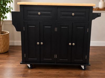 Black Kitchen Island Storage Cabinet with Butcher Block Top and Wheels