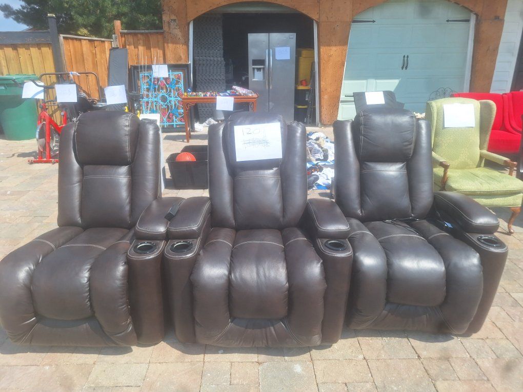 3-Piece Brown Leather Power Reclining Home Theater Seating Row with Cup Holders