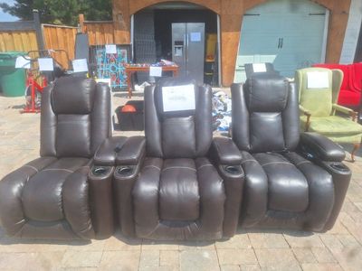 3-Piece Brown Leather Power Reclining Home Theater Seating Row with Cup Holders