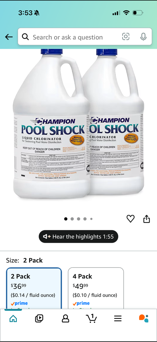 CHAMPION Pool Shock Liquid Chlorinator - 2x 1 Gallon for Swimming Pool Water Disinfection