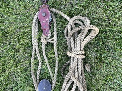 Vintage Barn Pulley Block and Tackle with a Fence Stretcher - Great Display Item