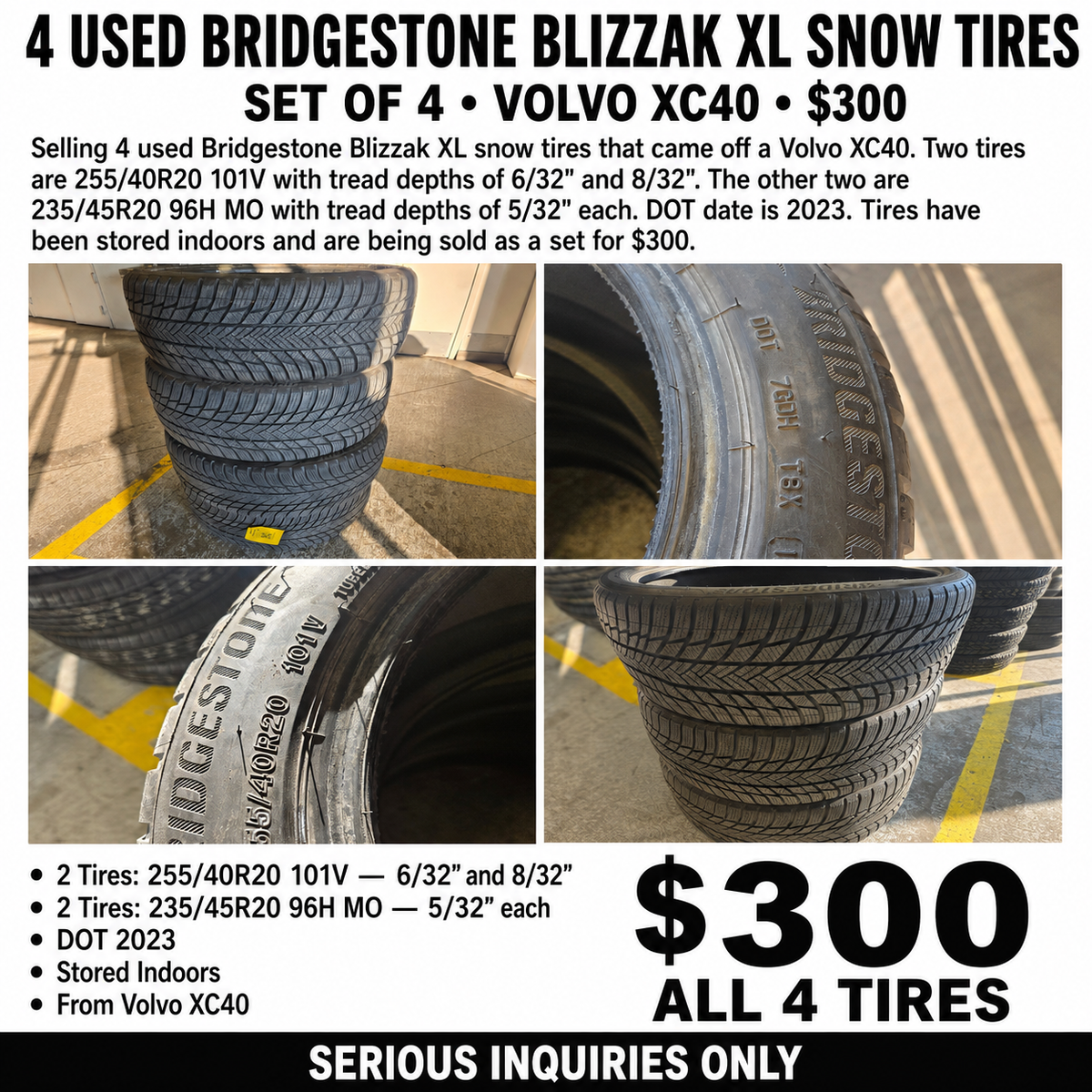 Set of 4 Bridgestone Blizzak XL Snow Tires  – $300