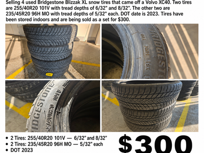 Set of 4 Bridgestone Blizzak XL Snow Tires – $300
