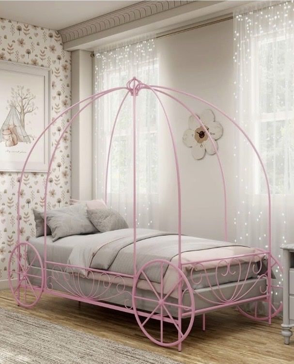 Pink Princess Carriage Twin Bed Frame - Canopy, Metal, Fairy Tale Design