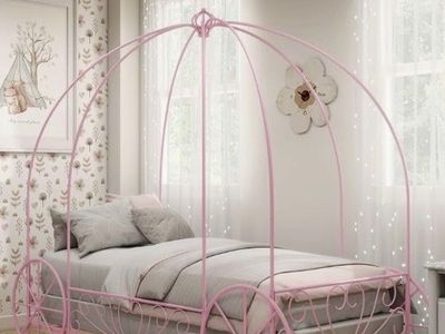 Pink Princess Carriage Twin Bed Frame - Canopy, Metal, Fairy Tale Design