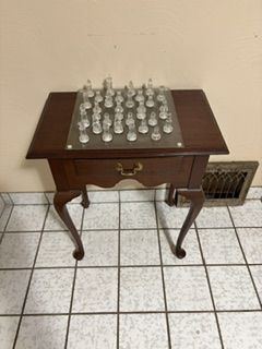 Glass Chess Set and Small Table with Drawer