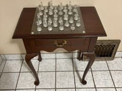 Glass Chess Set and Small Table with Drawer