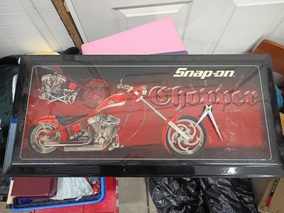 Snap-on Chopper Motorcycle Wall Clock - Red & Black Garage Decor with Engine Detail