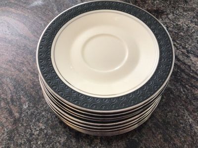 FRANCISCAN Midnight Mist 10 saucers vintage black embossed band platinum retro