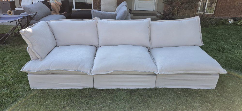 Cream Slipcovered Modular Sectional Sofa with Deep Cushions