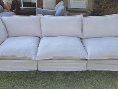 Cream Slipcovered Modular Sectional Sofa with Deep Cushions