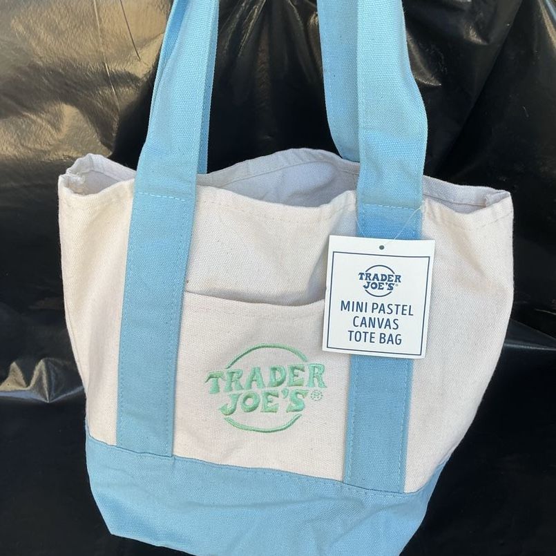 Trader Joe's Mini Pastel Canvas Tote Bag - Blue/Cream with Embroidered Logo, New with Tags