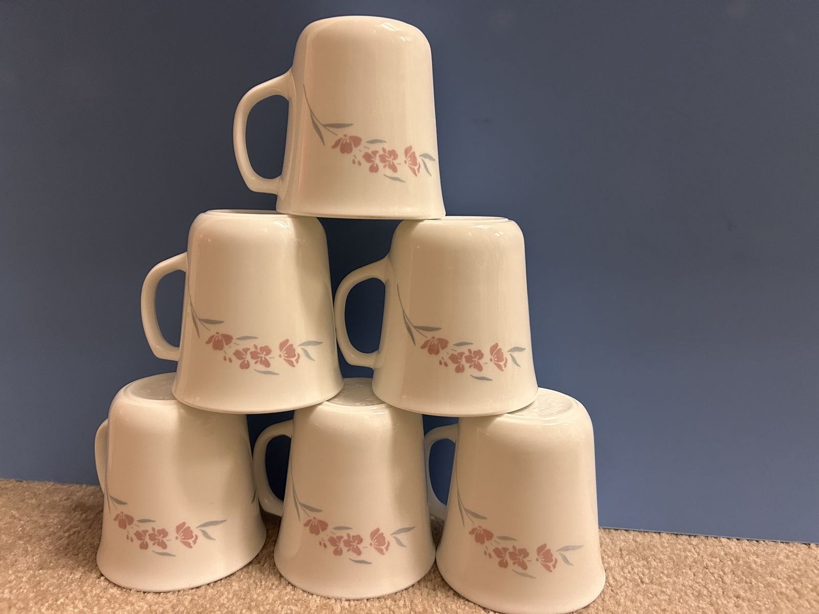 Corelle White Floral Pink/Gray Coffee Mugs - Set of 6
