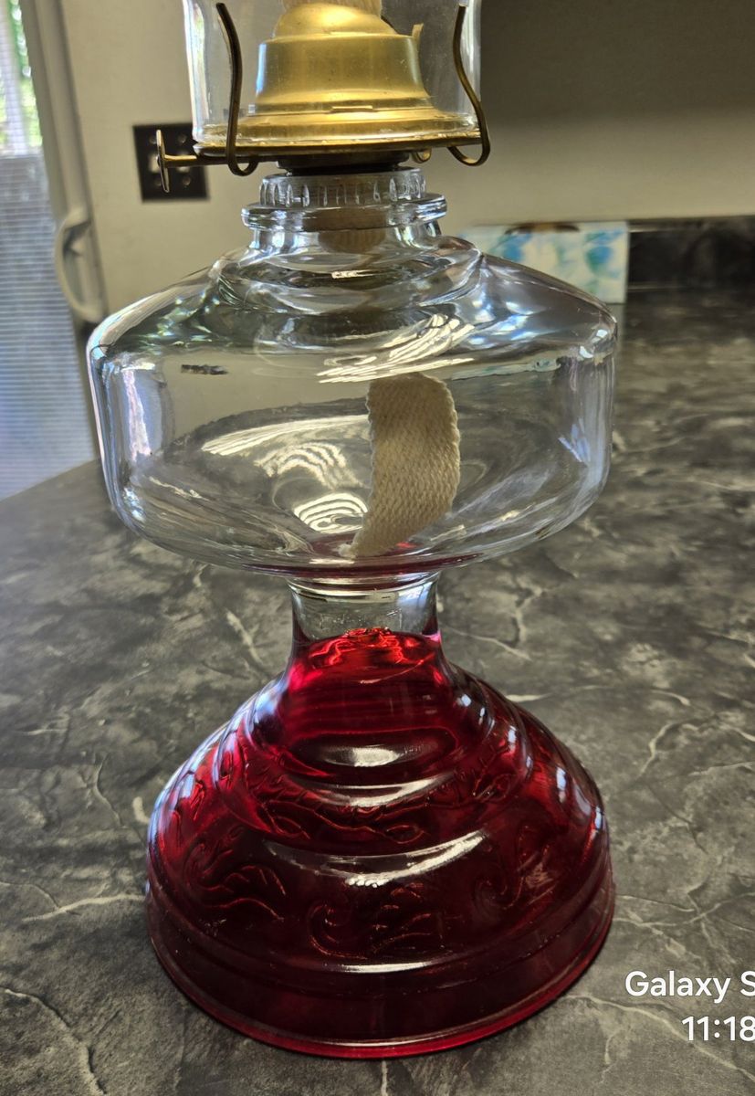 Vintage Oil Lamp with Red Glass Base and Etched Dancing Figures Chimney