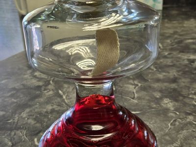 Vintage Oil Lamp with Red Glass Base and Etched Dancing Figures Chimney